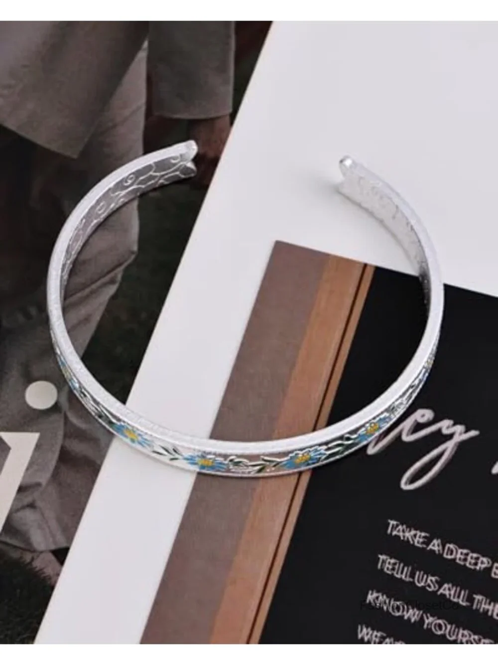 Silver Cuff Bracelet with Floral Blue Pattern Adjustable Bangle Boho Jewelry